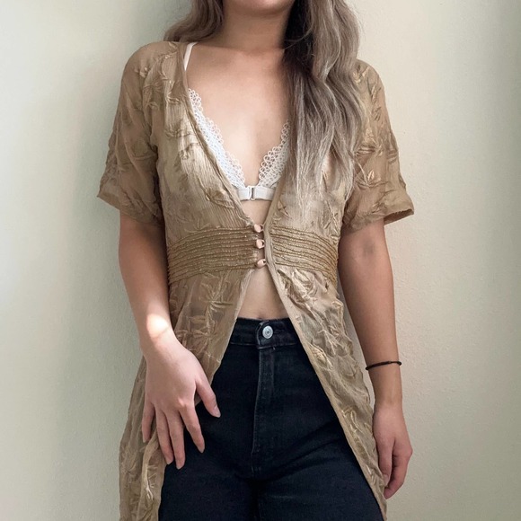Unbranded Tops - Boho gold embroidered sheer longline coverup short sleeve cardigan top small
